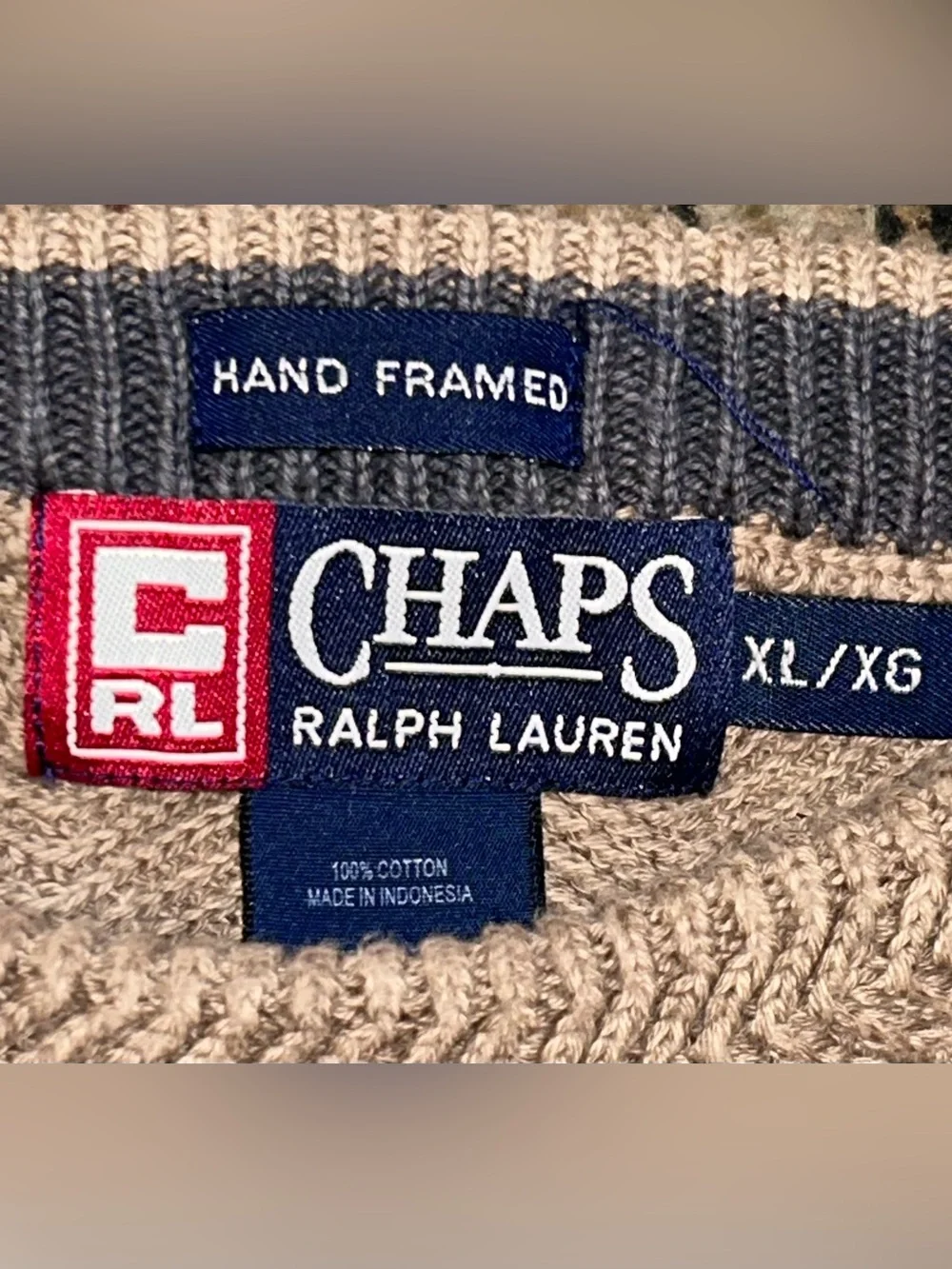 VTG 90 Chaps Ralph Lauren beige Herringbone Knit Sweater Men Crest Hand Frame